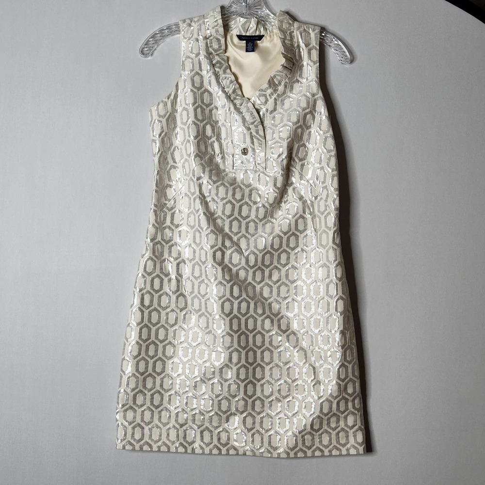 Tommy Hilfiger Cream Metallic Silver Geometric Sheath Dress Size XS Knee Length